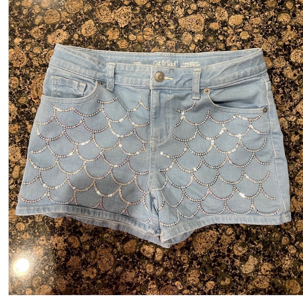 Cat & Jack Girls Sequin Denim Shorts Light Wash XL 14/16 Super Stretch